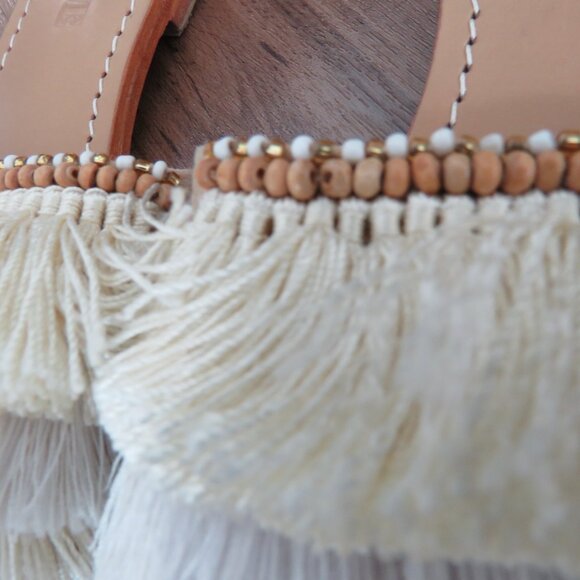 MYSTIQUE Caracas Fringed Leather Slip On Slide Sandals in Beige Beach Size US 7 - Picture 6 of 12